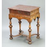 A Queen Anne oyster veneered bible box with hinged lid, raised on a later associated walnut stand