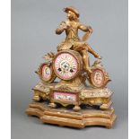 J Martine, a French 8 day striking mantel clock with pink porcelain dial, Roman numerals,