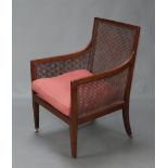 An Edwardian mahogany single cane library chair with red cushion, raised on square tapered supports,