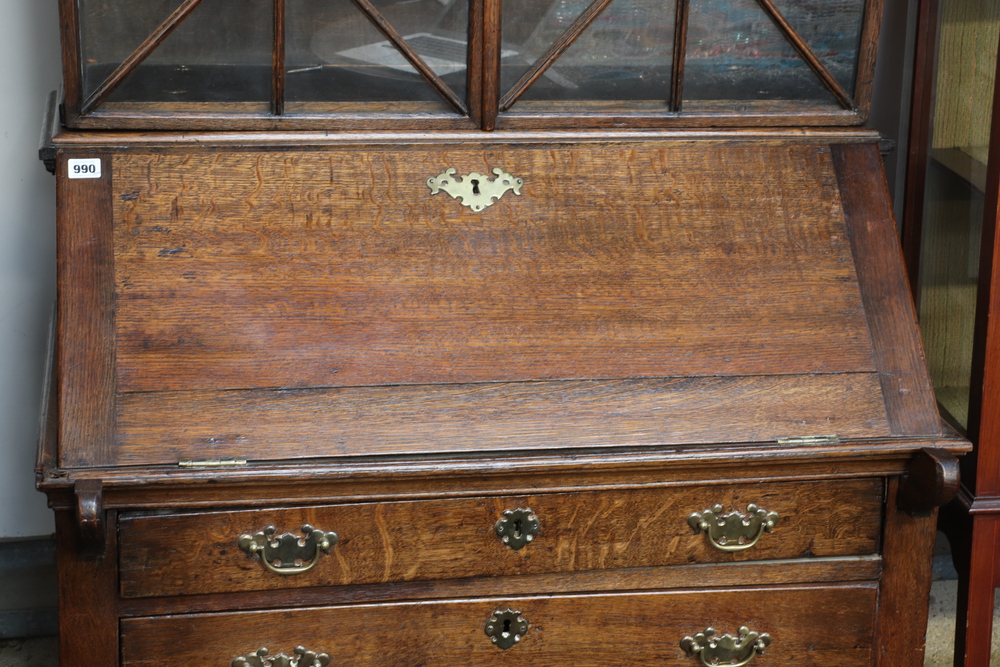 A 19th Century oak bureau bookcase the later associated top fitted shelves enclosed by astragal - Image 3 of 6