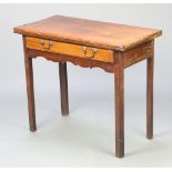 A Georgian inlaid mahogany tea table fitted a frieze drawer, raised on square supports 73cm h x 85cm