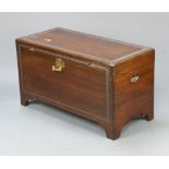 A Hong Kong carved camphor coffer with hinged lid, raised on bracket feet 56cm h x 101cm w x 47cm
