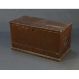 A 19th Century pine trunk with hinged lid and iron drop handles, interior fitted a drawer and the
