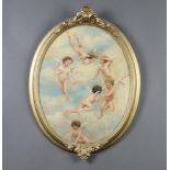 A 19th Century oil on board indistinctly signed, cavorting angels, oval, 44cm x 34cm
