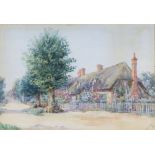Nancy Casey, watercolour, study of a thatched cottage with picket fence, signed and dated 1909 to