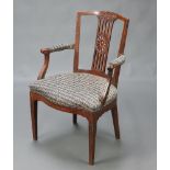 A 19th Century Dutch inlaid marquetry slat back open arm carver chair with overstuffed seat,