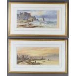 L Lewis, a pair of watercolours signed, coastal scenes with fishing vessels and figures 22cm x