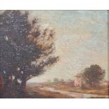 Early 20th Century oil on board unsigned, Continental riverscape with buildings 23cm x 30cm