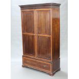 A 19th Century inlaid mahogany wardrobe, the upper section with moulded cornice enclosed by panelled