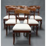 A set of 6 William IV bleached mahogany bar back dining chairs with carved mid rails and upholstered