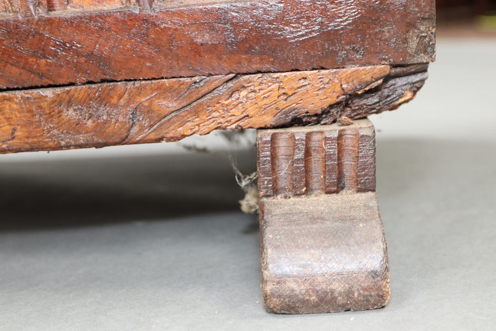 A 16th and later Century Spanish Gothic carved fruitwood coffer with iron hinged lid and shaped iron - Image 8 of 13