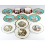 Two Victorian Prattware large teacups and saucers, 9 Prattware plates decorated with rural scenes,