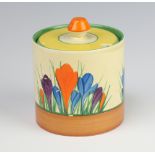 A Clarice Cliff Bizarre Crocus pattern preserve pot and cover 8cm