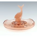 An Art Deco pink glass flower display surmounted by a fish 20cm