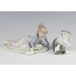 A Lladro group of a girl with goslings 5609 17cm, ditto of a cat with mouse 8cm