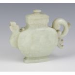 An antique style Celadon jade flattened ovoid phoenix wine pot and cover with rounded body, the