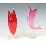 A vaseline pink glass vase in the form of a fish 27cm, a red ditto 27cm