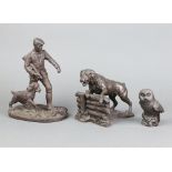 A bronzed figure of a Rottweiler 14cm x 16cm x 11cm, a bronzed figure of an owl 9cm x 3cm x 4cm,