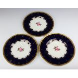 Three Royal Worcester plates with blue and gilt borders enclosing roses, decorated by I Lyn 27cm