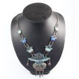 A Chinese white metal and enamelled necklace decorated with a vase of flowers 60cm There is some