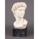 After the antique, a resin head and shoulders portrait bust of David, raised on a black veined