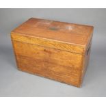 A 19th Century rectangular oak plate box with hinged lid and iron counter sunk handles 51cm h x 77cm