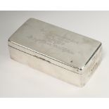 A Victorian rectangular silver cigarette box with engraved inscription Birmingham 1895, 19cm There