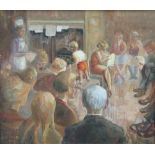 E. J. Miles, 1963, impressionist oil painting on board "The Waiting Room" standing nurse and figures
