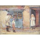 F.B. Radburn 1918, First World War oil on card, study of children standing before a shop window,