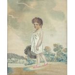 An 18th/19th Century fabric and stumpwork picture of a standing child with hat contained in a