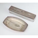 A Victorian silver mounted toilet box London 1845 and an Art Deco silver butter dish stand with