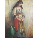 19th Century oil on board unsigned, portrait of a Continental girl with water pitcher by her side