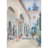 F Fernandez, watercolour, Persian courtyard with seated figures, signed to bottom right hand corner,
