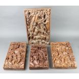 Four various deeply carved Eastern panels depicting figures 49cm h x 28cm x 4cm, 41cm x 21cm x