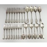 A matched canteen of George IV and Victorian fiddle pattern silver cutlery comprising 8 dessert