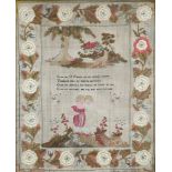 E Aspinwall, a William IV wool and stumpwork sampler with floral border, the centre decorated a