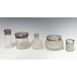 An Edwardian 2 colour flash glass silver mounted toilet jar Birmingham 1901 4cm and 4 other