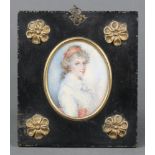18th Century watercolour miniature of a lady wearing a white silk dress with a red silk sash, oval