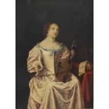 After Gabriel Metsu, oil on board unsigned, portrait of a lady playing a viola 26cm x 18cm, label on