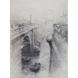 William Lionel Wyllie RA (1851-1931) a signed etching, London Bridge and Southwark Cathedral, signed