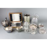 A silver plated soda siphon holder and minor plated wares