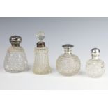 An Edwardian cut glass silver mounted scent bottle rubbed marks 8.5cm, 3 others