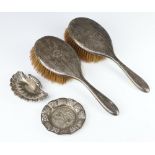 Two silver backed hair brushes, rubbed marks, 2 dishes