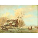 20th Century oil on board, Dutch winterscape with figures 17cm x 24cm