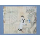 Chinese watercolour unsigned, study of a lady in a pavilion setting 18cm x 25cm