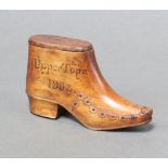 A Boer War wooden snuff box in the form of a shoe marked Upper Topa 1902 by a Boer prisoner 7cm x