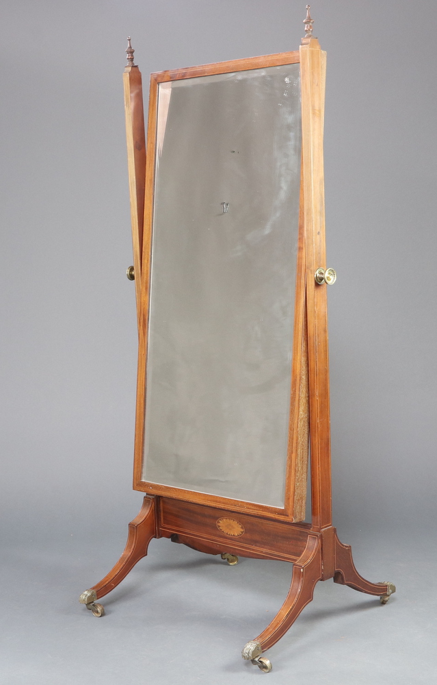 A Victorian bevelled plate cheval mirror contained in an inlaid bleached mahogany frame 154cm h x