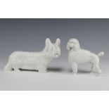 A German white glazed figure of a terrier 12cm, a ditto of a standard poodle 12cm