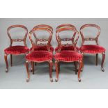 A set of 6 Victorian spoon back dining chairs with carved mid rails, overstuffed seats of serpentine