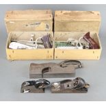 Two Stanley no.50 rebate planes boxed, a Record no.073 shoulder plane, a Stanley bullnose plane,